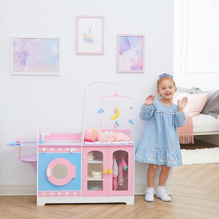 Little World by Teamson Kids – Wooden Interactive 6‑in‑1 Baby Doll Changing Table Station Nursery