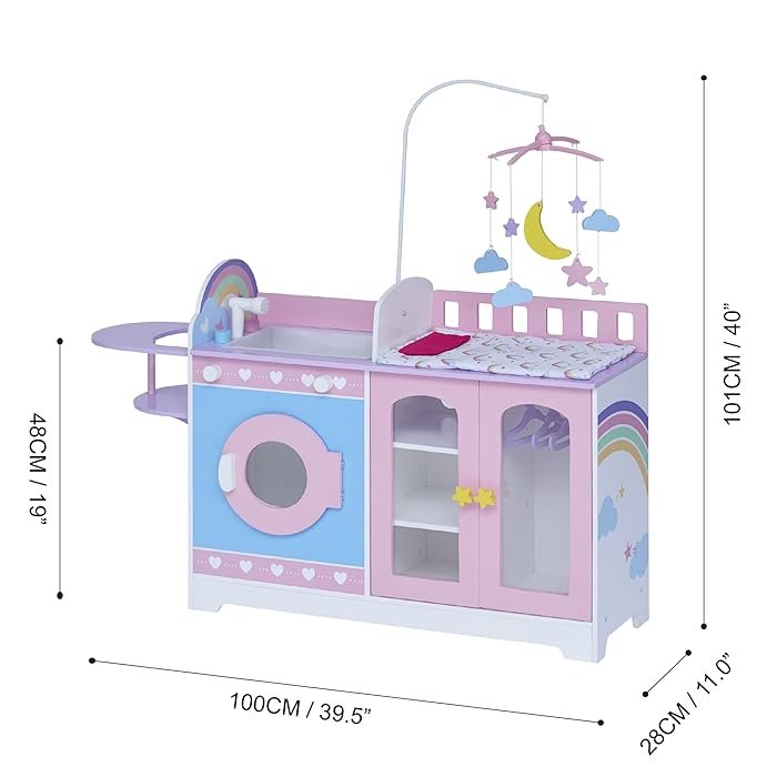 Little World by Teamson Kids – Wooden Interactive 6‑in‑1 Baby Doll Changing Table Station Nursery