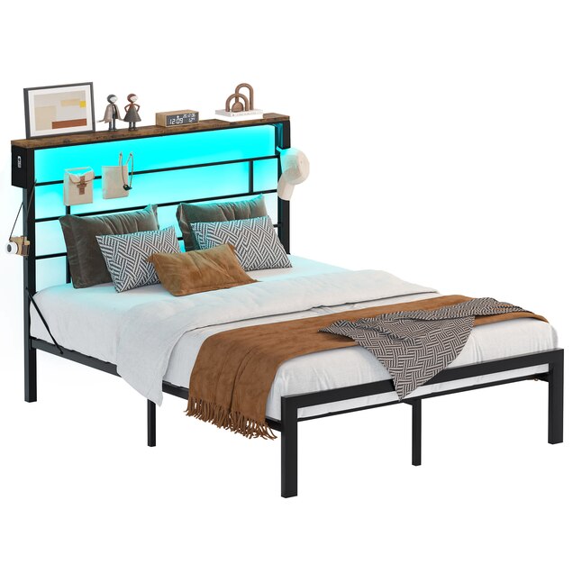 Full‑Size Bed Frame – Black w/ LED Storage Headboard Shelf
