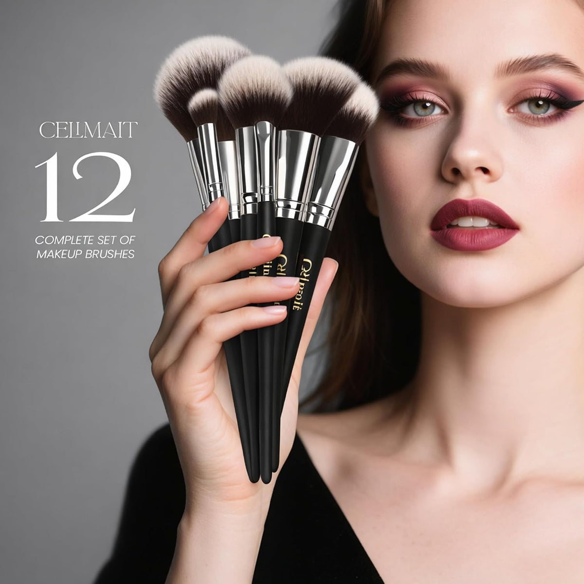 Makeup Brush Set with Case, Synthetic Bristles, Wood Handle, 12 Pcs