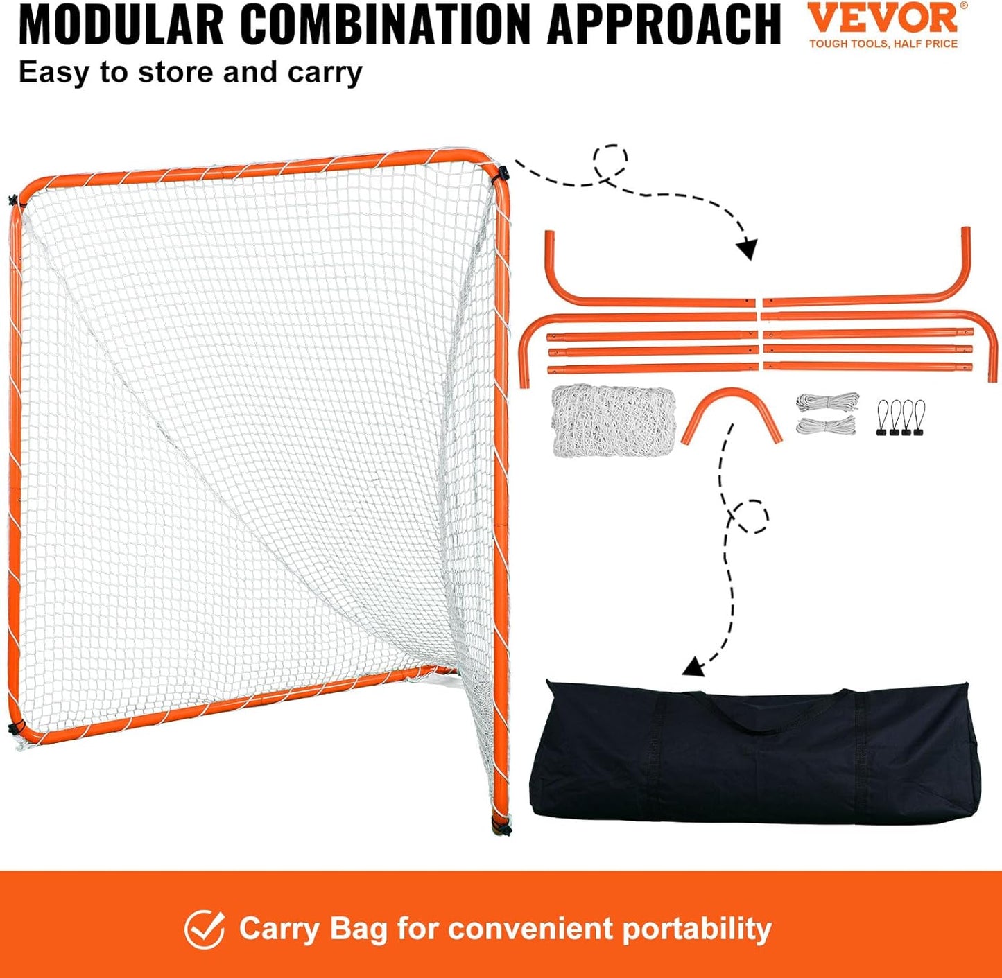 VEVOR Lacrosse Goal, 6' x 6' Modular Lacrosse Net, Steel Frame Backyard Lacrosse Training Equipment, Portable Lacrosse Goal with Carry Bag, Quick & Easy Setup, Perfect for Youth Adult Training, Orange