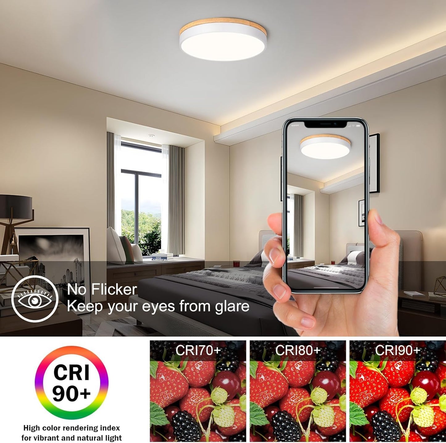 LED Ceiling Light, 40 cm White Wooden Ceiling Light