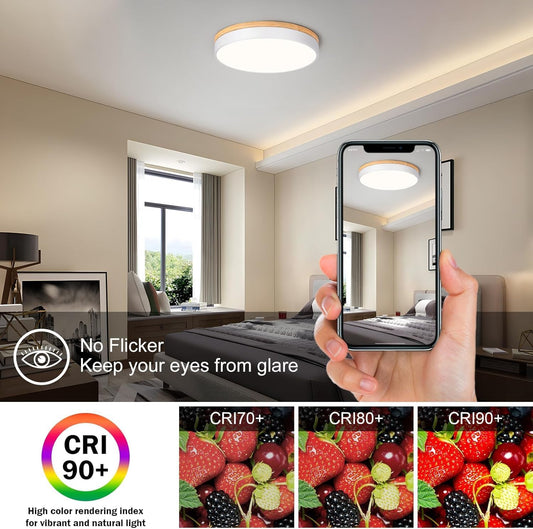 LED Ceiling Light, 40 cm White Wooden Ceiling Light