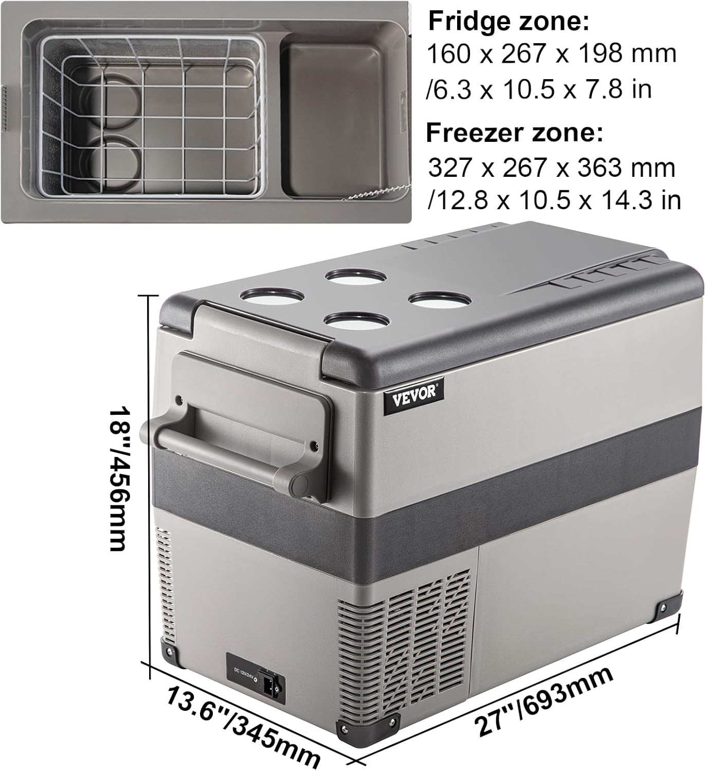 VEVOR 45L Portable Car Refrigerator 48 Quart LG Compact RV Fridge 12/24V DC & 110-240V AC Vehicle Car Truck Boat Mini Electric Freezer for Driving Travel Fishing Outdoor and Home Use -4°F-68°F
