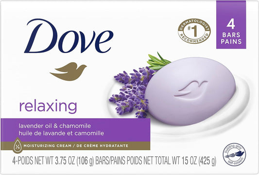 Dove Beauty Bar Soap with 1/4 Moisturizing Cream, Gentle Skin Cleanser, Relaxing Lavender Oil & Chamomile, 106 g, Pack of 4