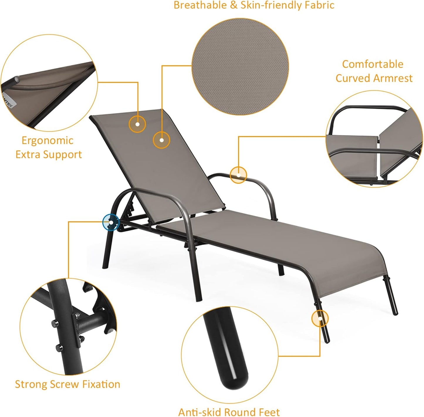 Outdoor Chaise Lounge Chair, All Weather Reclining Lounge Chair w/ 5 Adjustable Backrest Positions
