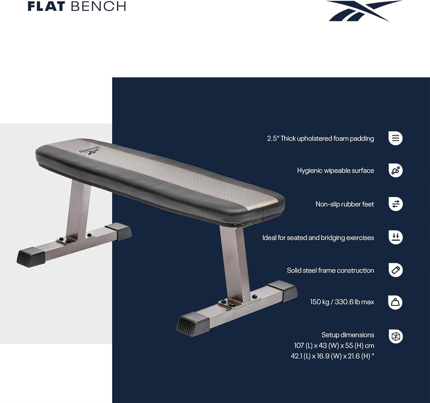 Reebok Flat Bench, 2.5” thick upholstered foam, Non-slip Feet, 3