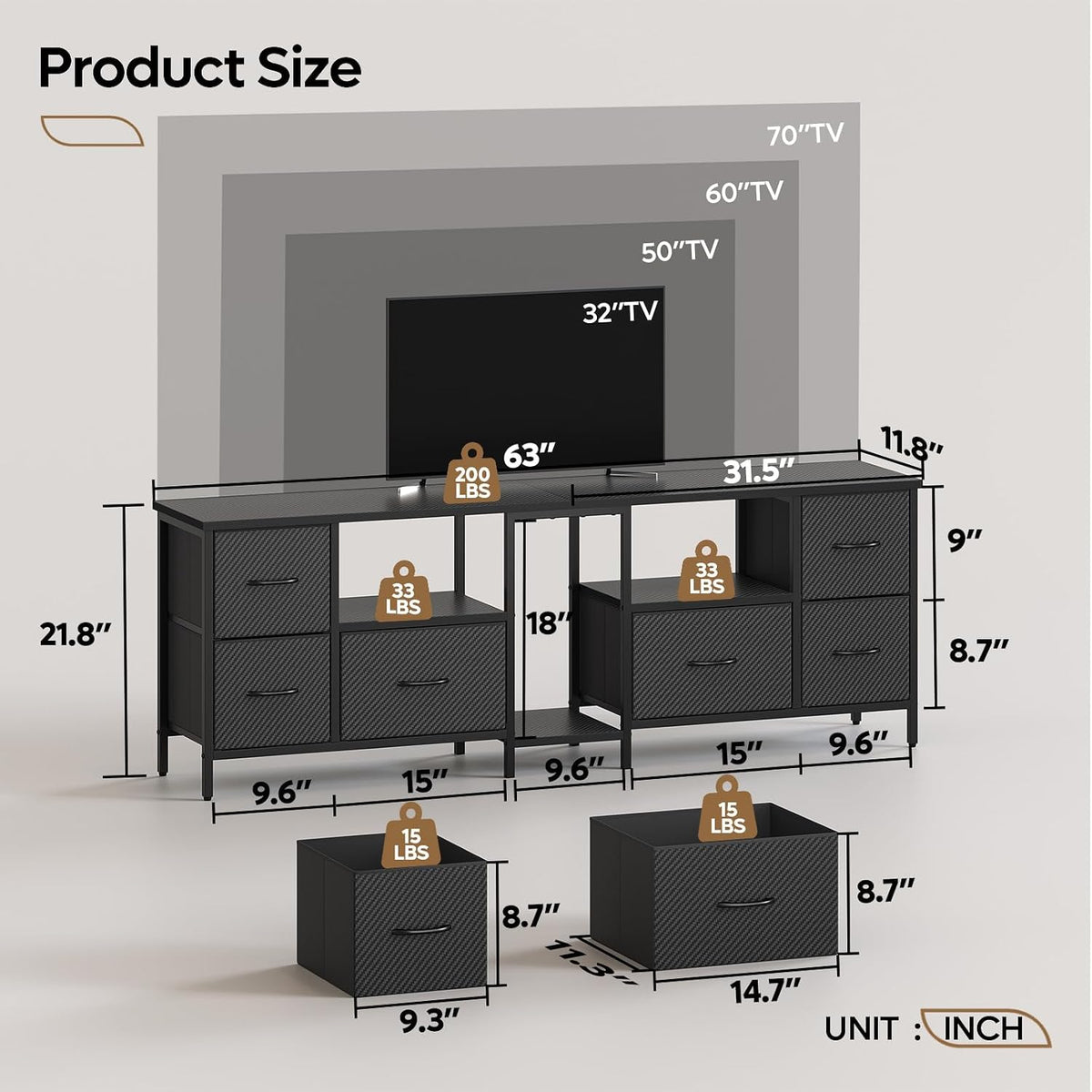 estier 63" TV Stand – Black Carbon Fiber (Fits 65–75" TVs)