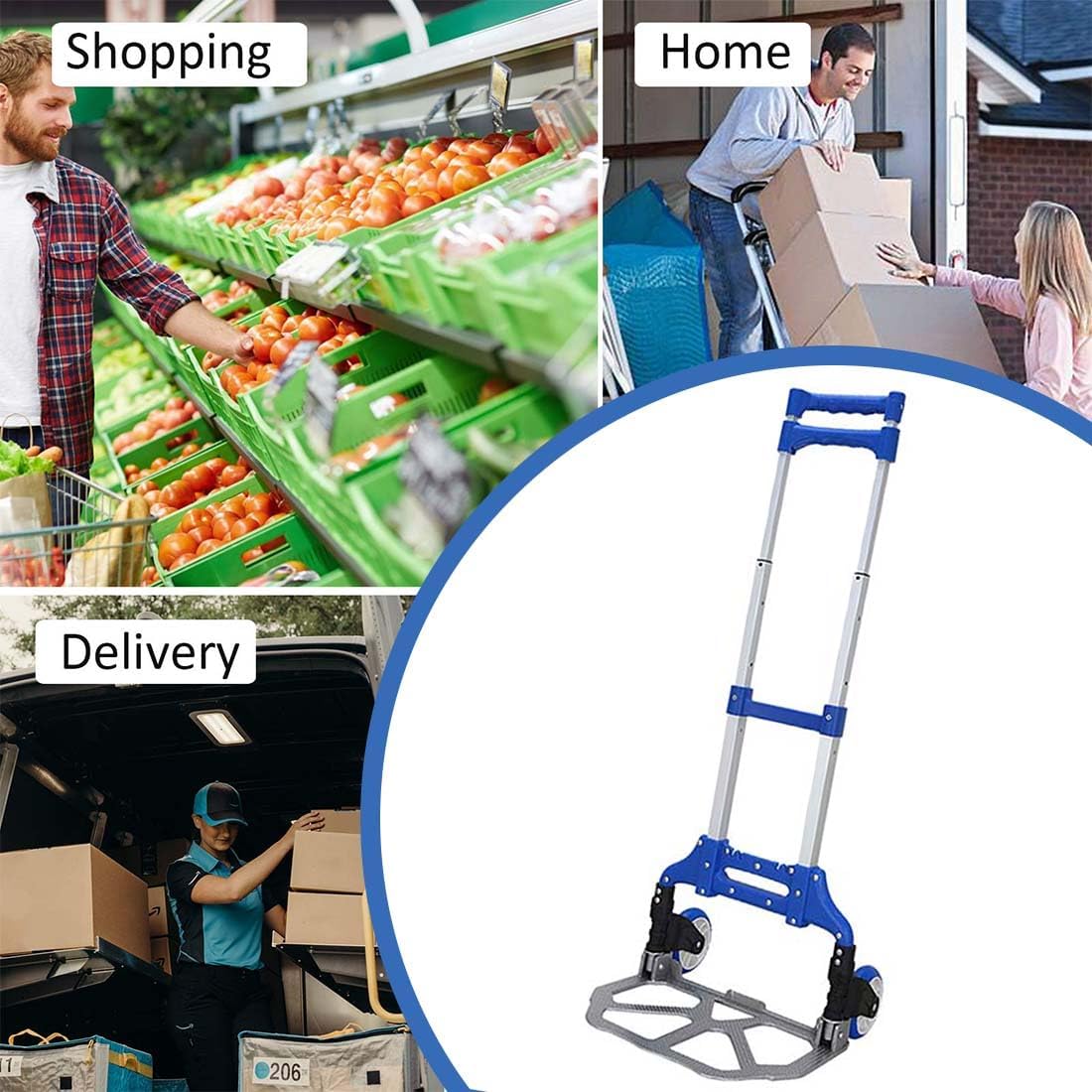 Folding Shopping Cart, Luggage Trolley 2 Wheels and Adjustable Aluminium Folding