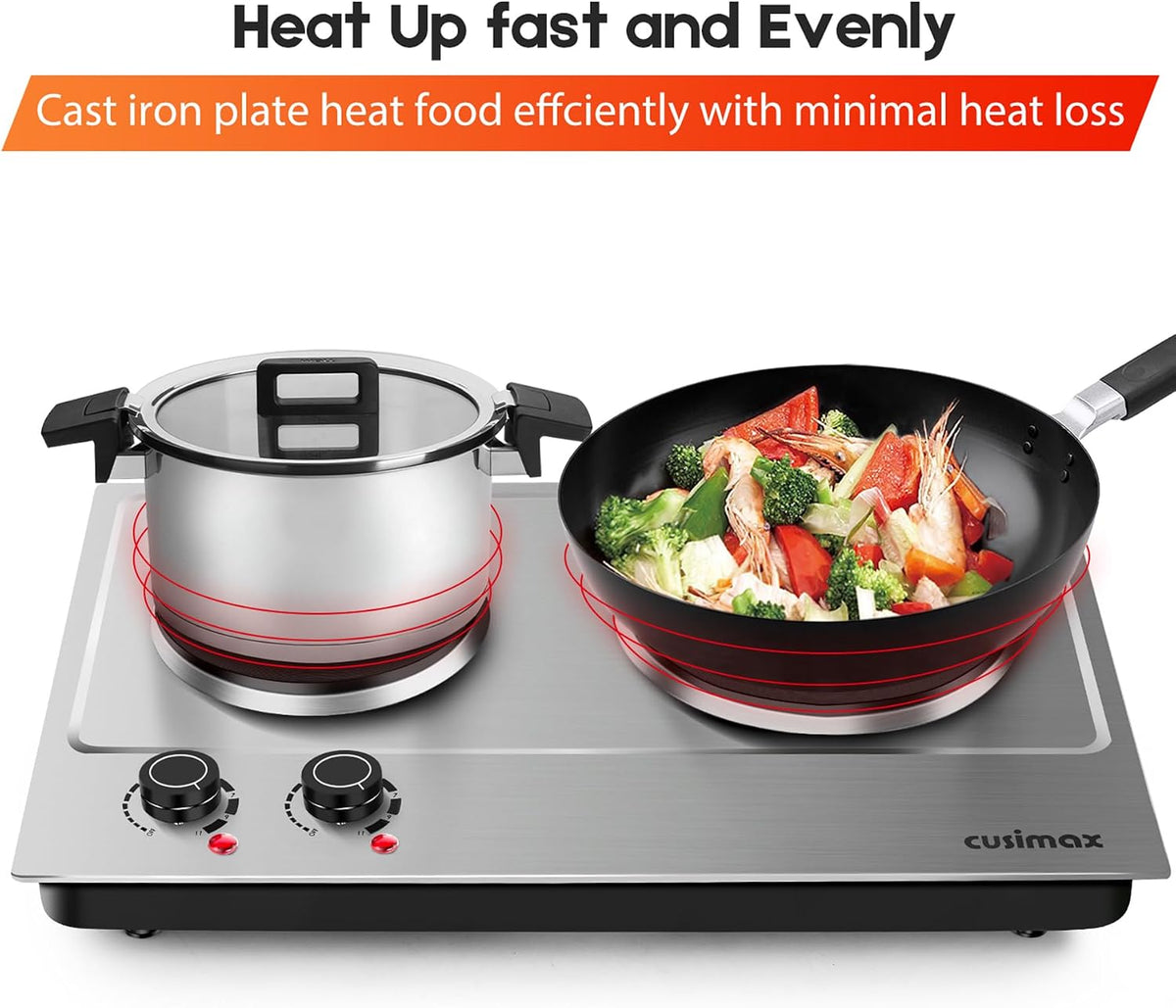 CUSIMAX 1800W Double Hot Plate, Stainless Steel Silver Countertop Burner