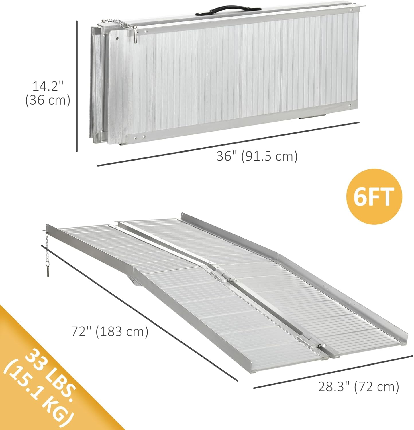 6ft Textured Aluminum Folding Ramp, Portable Threshold Ramp, Ste