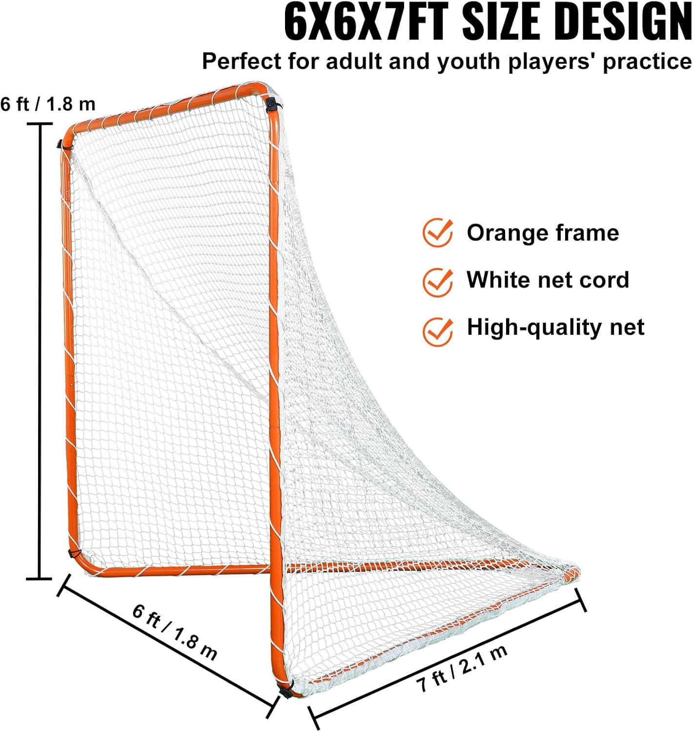 VEVOR Lacrosse Goal, 6' x 6' Modular Lacrosse Net, Steel Frame Backyard Lacrosse Training Equipment, Portable Lacrosse Goal with Carry Bag, Quick & Easy Setup, Perfect for Youth Adult Training, Orange