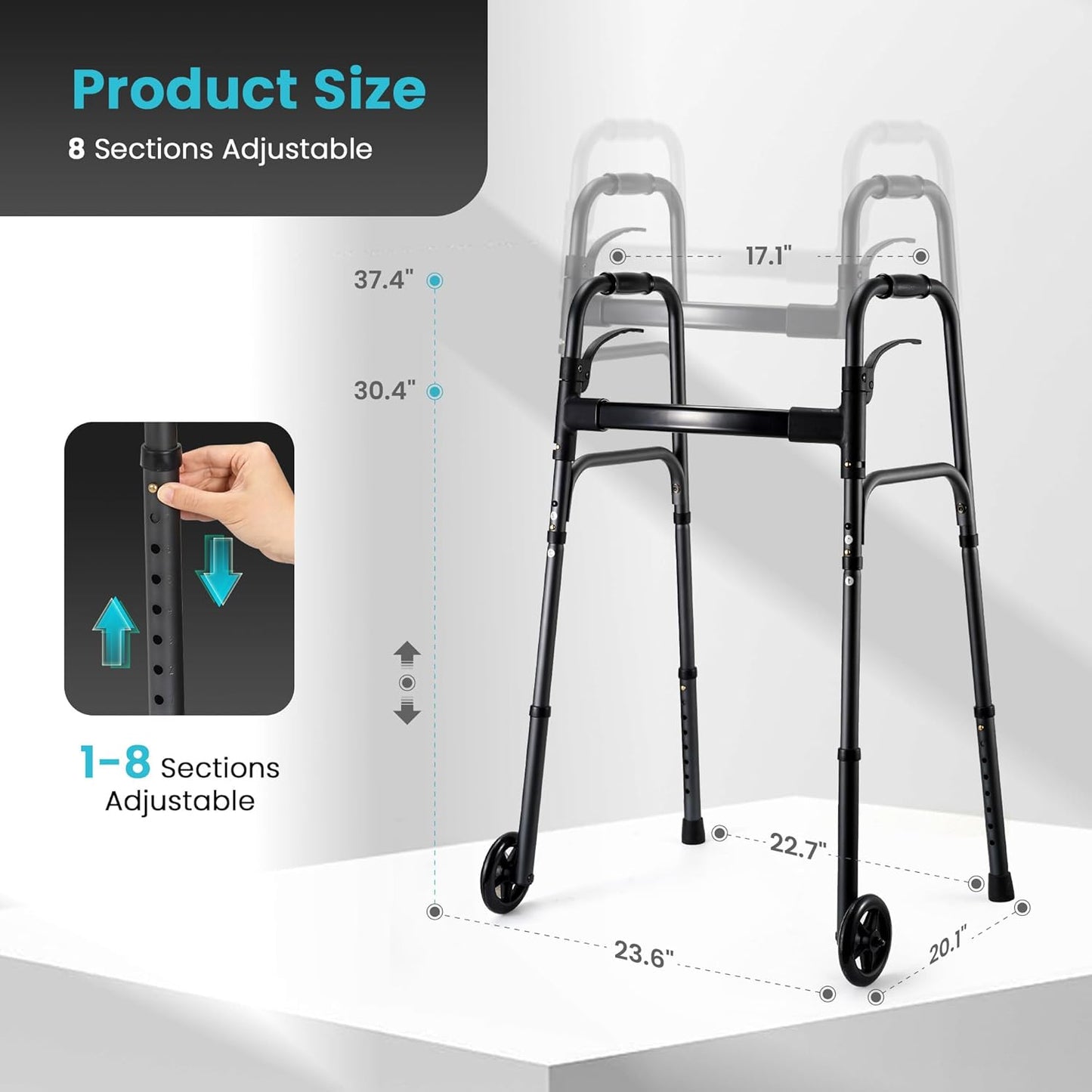 Lightweight Folding Walker 5" Fixed Wheels, Portable MedicaL