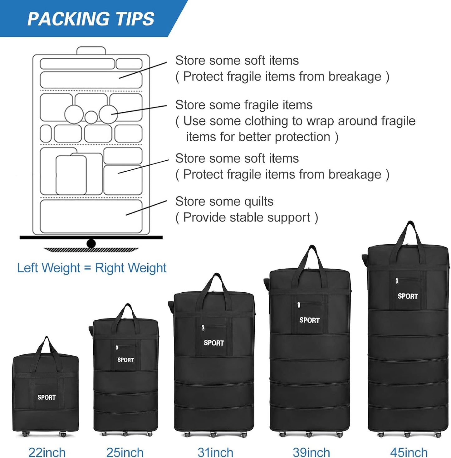 34" Expandable Wheeled Duffle Bag – Black