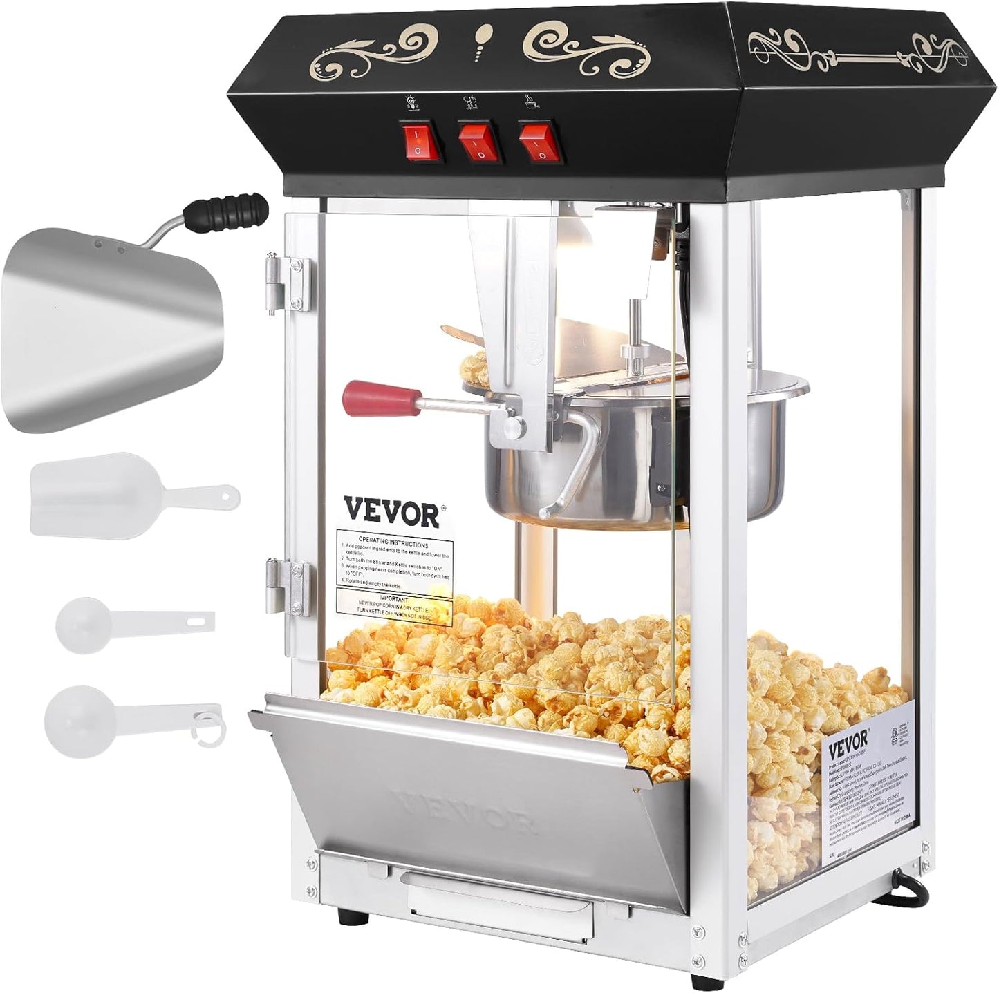 Popcorn Maker, 850W Popcorn Popper Machine, 8 Oz Kettle Makes 48 Cups per Batch, Countertop Popcorn Maker with Tempered Glass, Includes 4 Scoops, Movie Theater Style, Black