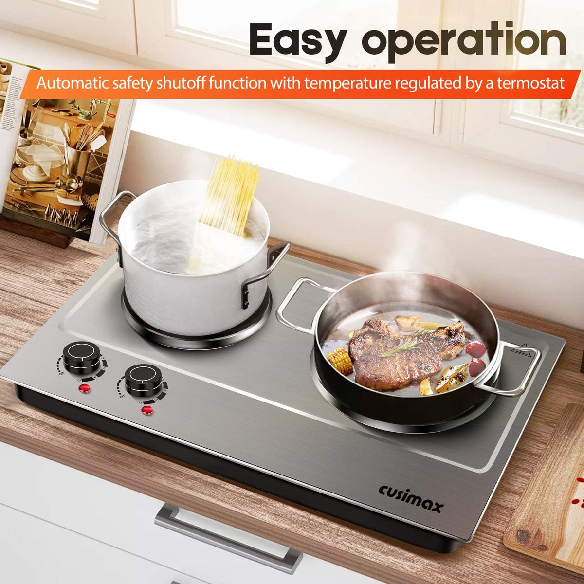 CUSIMAX 1800W Double Hot Plate, Stainless Steel Silver Countertop Burner