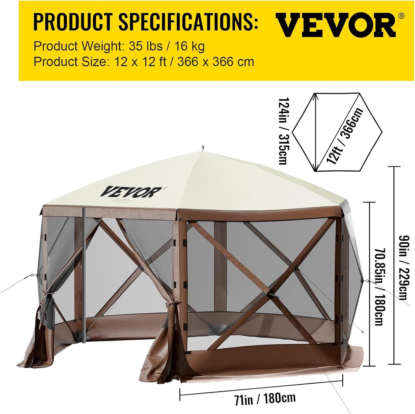 VEVOR 12' x 12' Camping Gazebo Tent – 6‑Sided Pop‑Up Screen Shelter