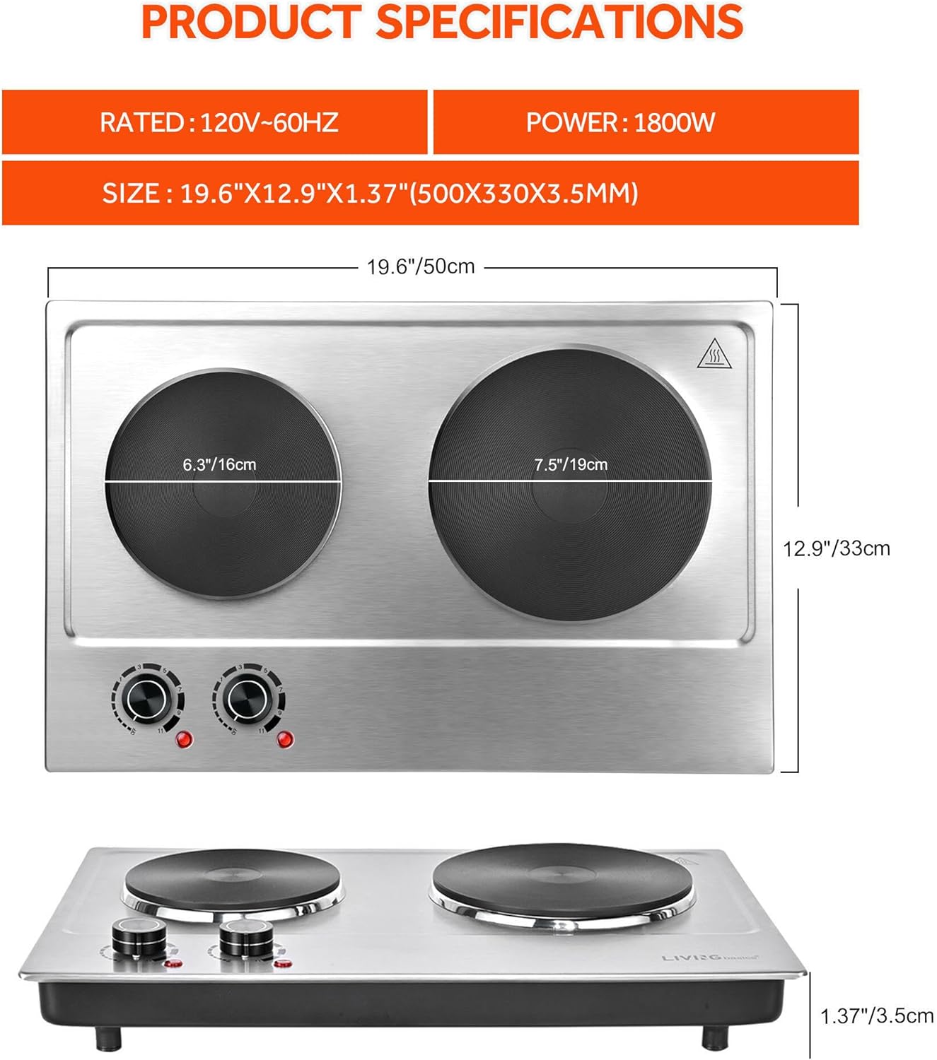 LIVINGbasics 1800W Double Hot Plate, Portable Electric Cooktop with Cast Iron Burners,Stainless Steel Countertop Burner, Dual 900W Heating, Compatible with All Cookware, Adjustable Temperature Control