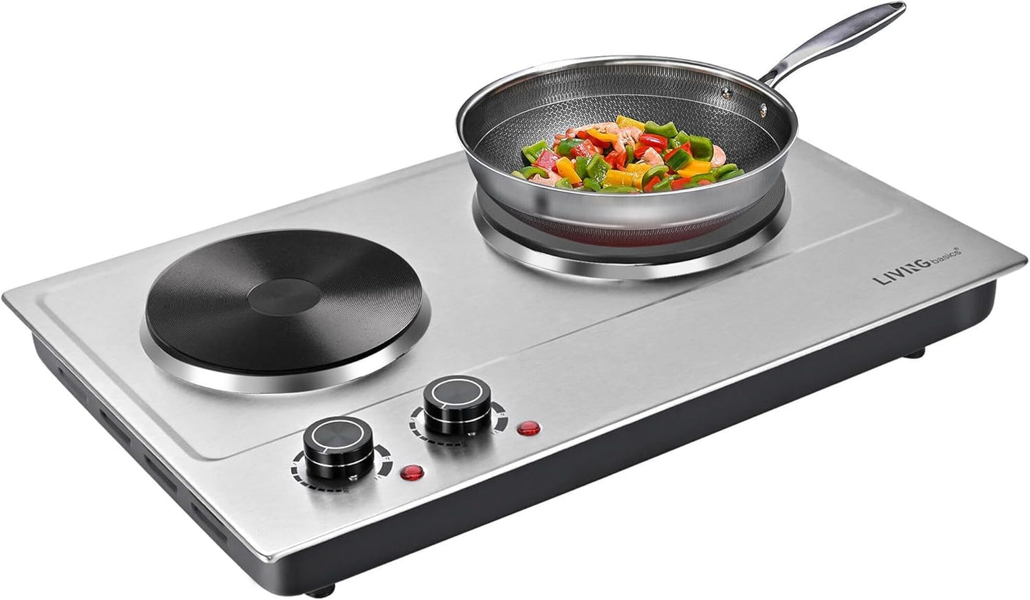 LIVINGbasics 1800W Double Hot Plate, Portable Electric Cooktop with Cast Iron Burners,Stainless Steel Countertop Burner, Dual 900W Heating, Compatible with All Cookware, Adjustable Temperature Control