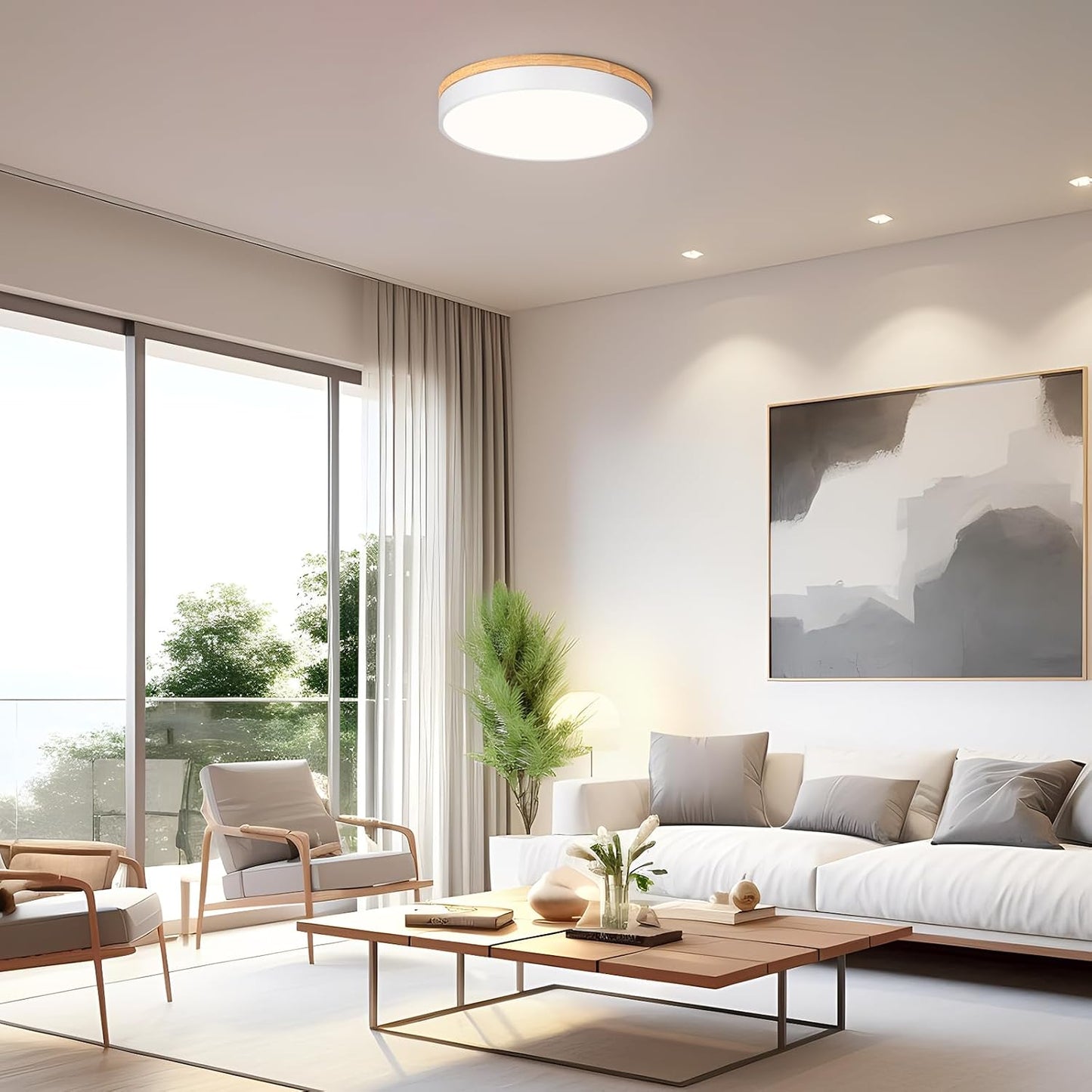 LED Ceiling Light, 40 cm White Wooden Ceiling Light