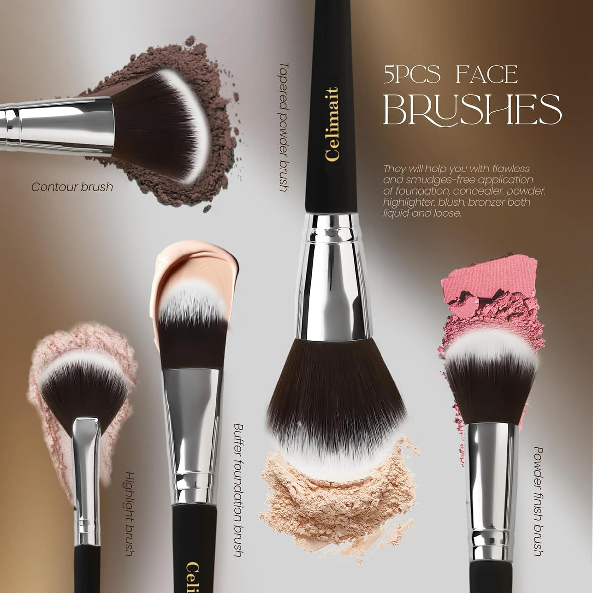 Makeup Brush Set with Case, Synthetic Bristles, Wood Handle, 12 Pcs