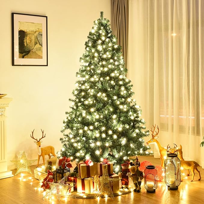 BestComfort 7.5FT Pre-Lit Christmas Tree, 400 LED Lights, 1346 PVC Branch Tips, Folding Metal Stand, Quick Setup, Hinged Xmas Artificial Tree for Home Office Festival Celebration Decoration