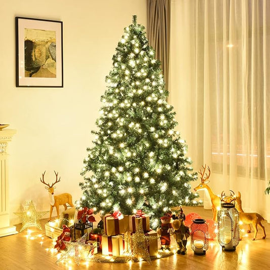 BestComfort 7.5FT Pre-Lit Christmas Tree, 400 LED Lights, 1346 PVC Branch Tips, Folding Metal Stand, Quick Setup, Hinged Xmas Artificial Tree for Home Office Festival Celebration Decoration