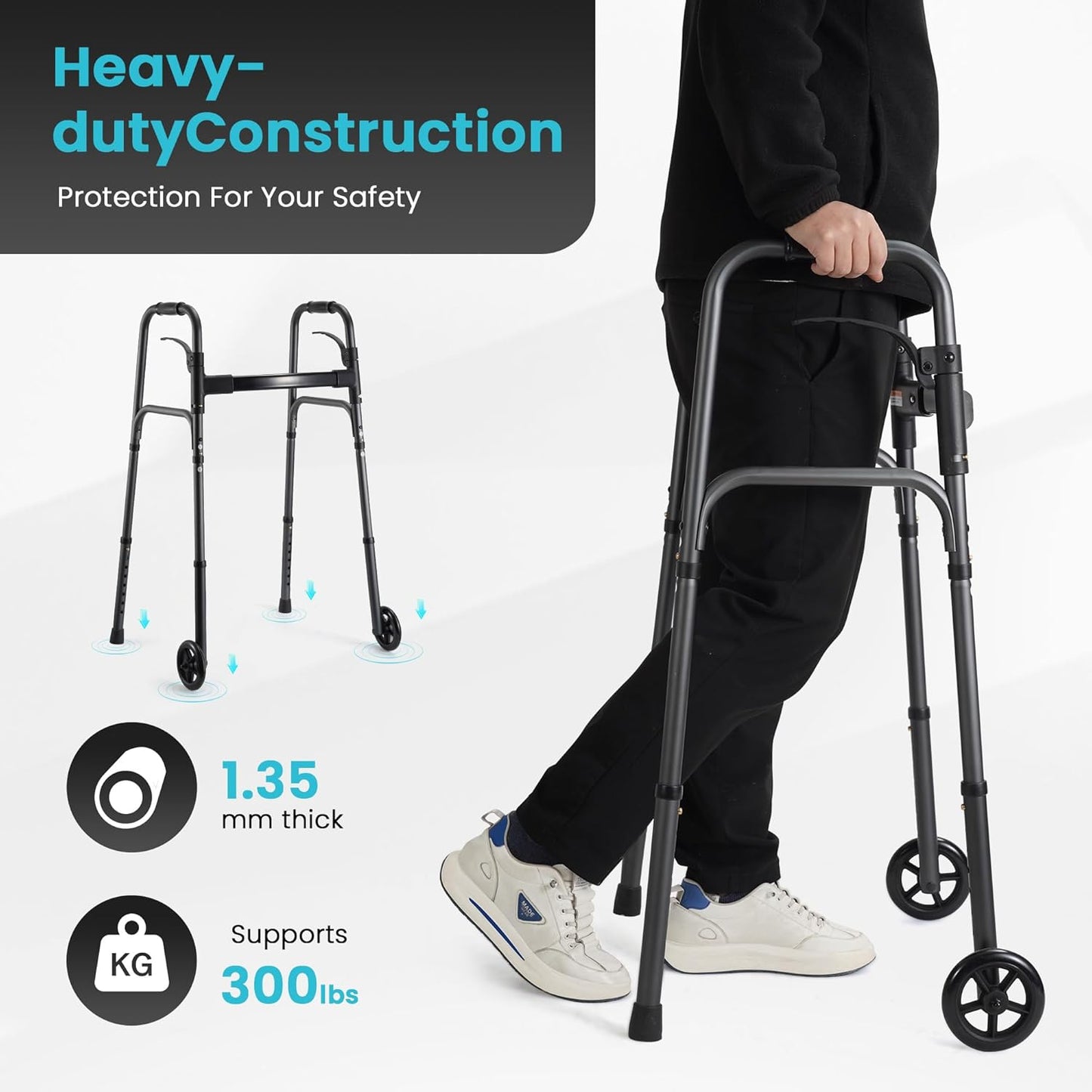 Lightweight Folding Walker 5" Fixed Wheels, Portable MedicaL