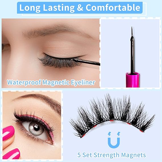 Magnetic Eyelashes Kit - Long Lasting & Reusable Lashes, Natural Look, 14 Pairs False Eyelashes with Magnetic Eyeliner & Tweezers, Easy to Wear, No Glue Needed
