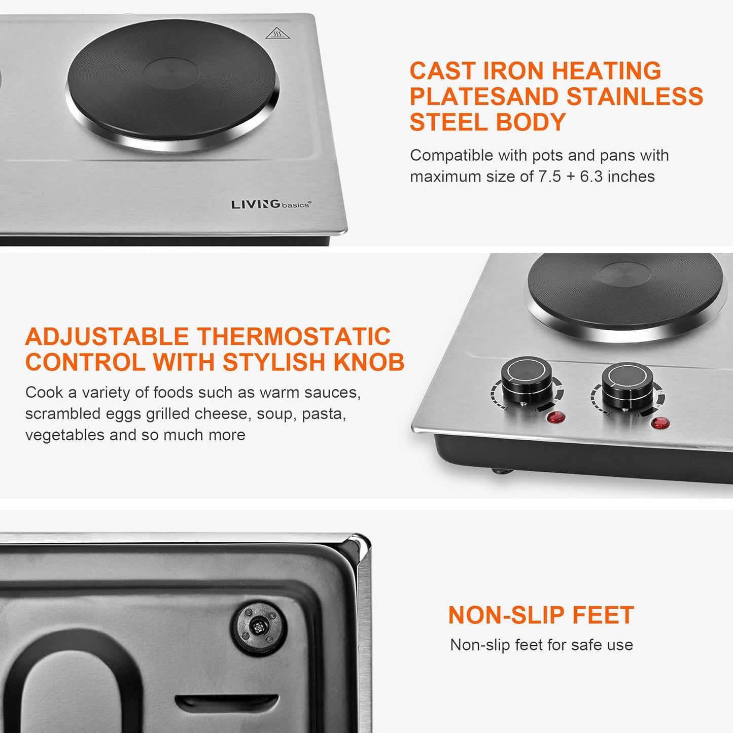 LIVINGbasics 1800W Double Hot Plate, Portable Electric Cooktop with Cast Iron Burners,Stainless Steel Countertop Burner, Dual 900W Heating, Compatible with All Cookware, Adjustable Temperature Control
