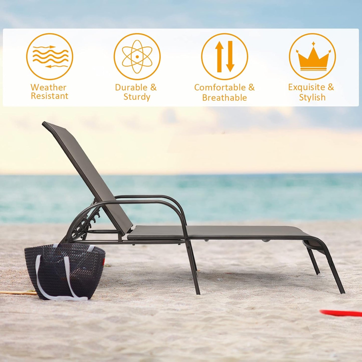 Outdoor Chaise Lounge Chair, All Weather Reclining Lounge Chair w/ 5 Adjustable Backrest Positions