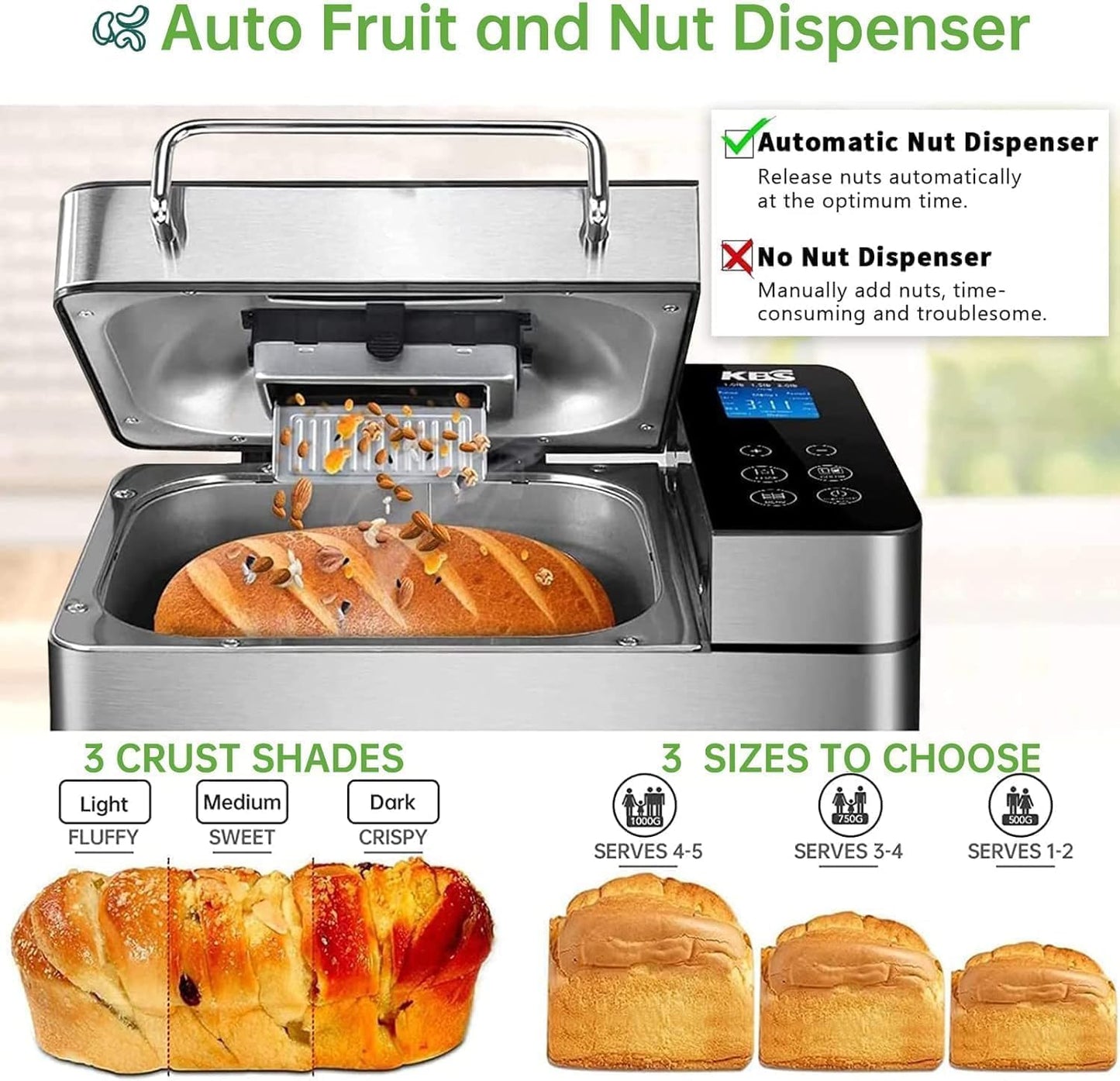 KBS Large 17-in-1 Bread Machine, 2LB All Stainless Steel Bread Maker with Auto Fruit Nut Dispenser, Nonstick Ceramic Pan, Full Touch Panel Tempered Glass, Reserve& Keep Warm Set, Oven Mitt and Recipes