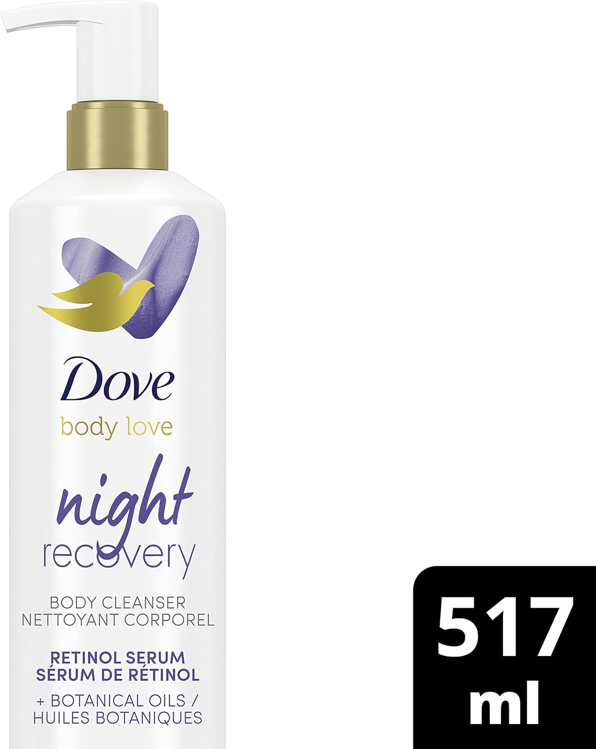 Dove Body Love Night Recovery Body Cleanser, with Retinol Serum & Botanical Oils, for Dry & Worn-Down Skin, 517 mL