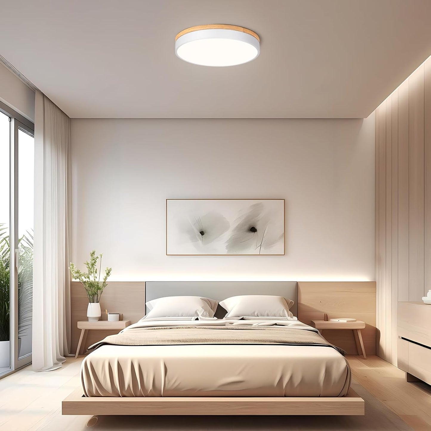 LED Ceiling Light, 40 cm White Wooden Ceiling Light