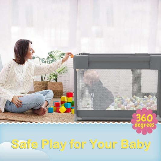 Palopalo Baby Playpen, 71"x59" Extra Large Playard for Babies and Toddlers, Baby Activity Center with 8 Suction Cup Bases, Infants Play Pen with 2 Gates and Soft Breathable Mesh, Without Mat
