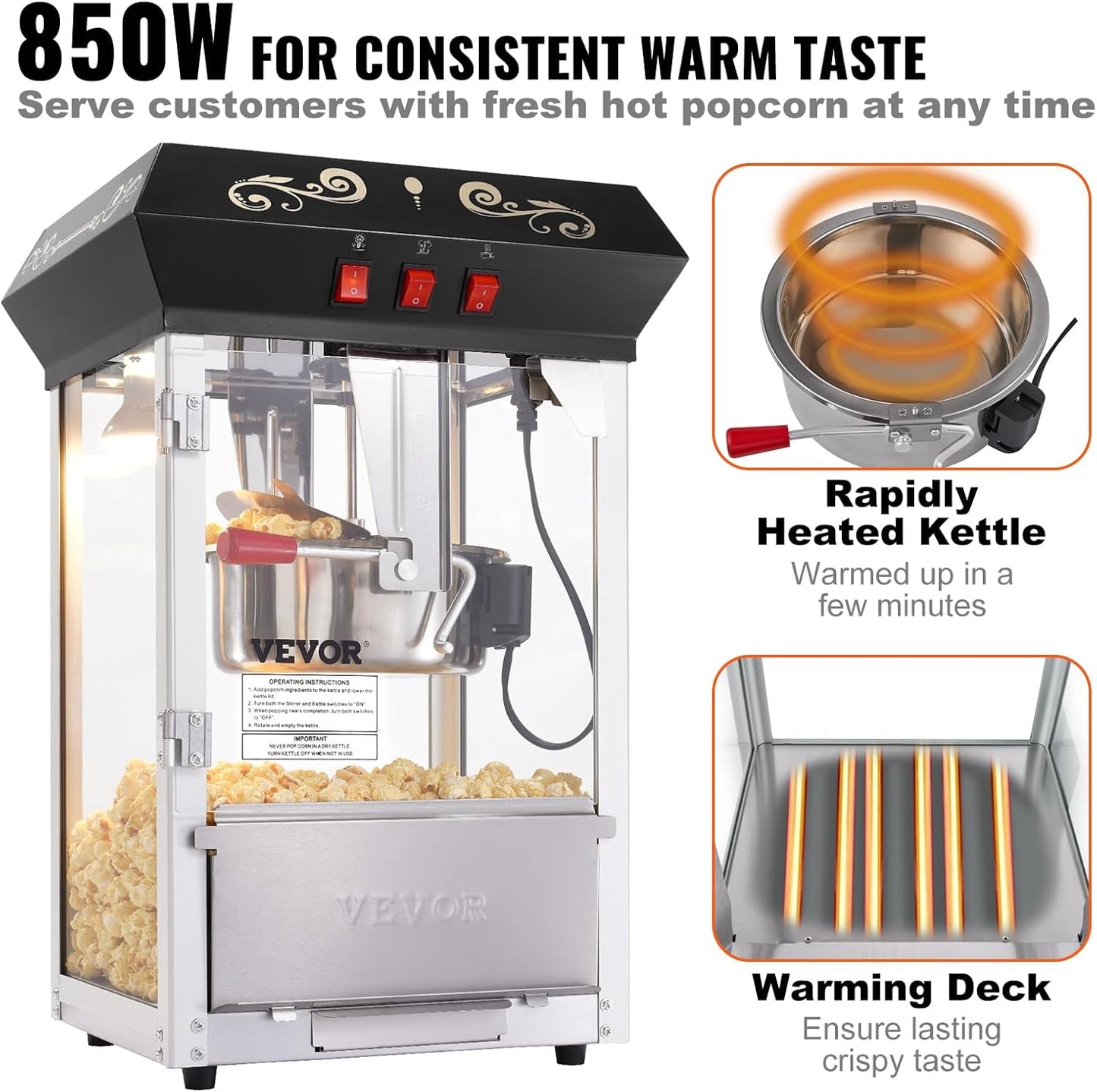 Popcorn Maker, 850W Popcorn Popper Machine, 8 Oz Kettle Makes 48 Cups per Batch, Countertop Popcorn Maker with Tempered Glass, Includes 4 Scoops, Movie Theater Style, Black