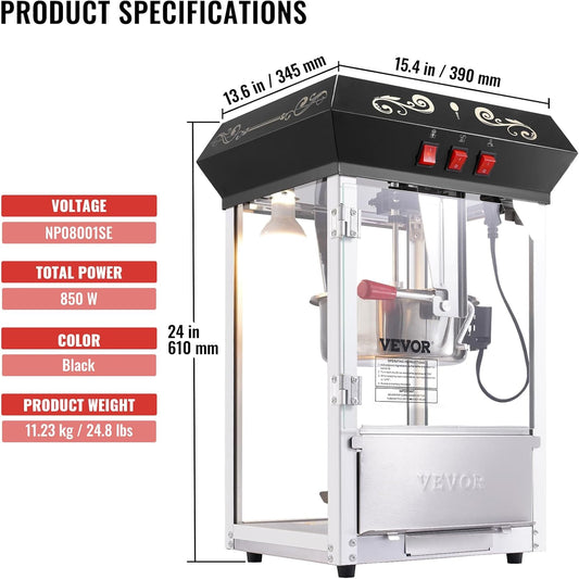 Popcorn Maker, 850W Popcorn Popper Machine, 8 Oz Kettle Makes 48 Cups per Batch, Countertop Popcorn Maker with Tempered Glass, Includes 4 Scoops, Movie Theater Style, Black
