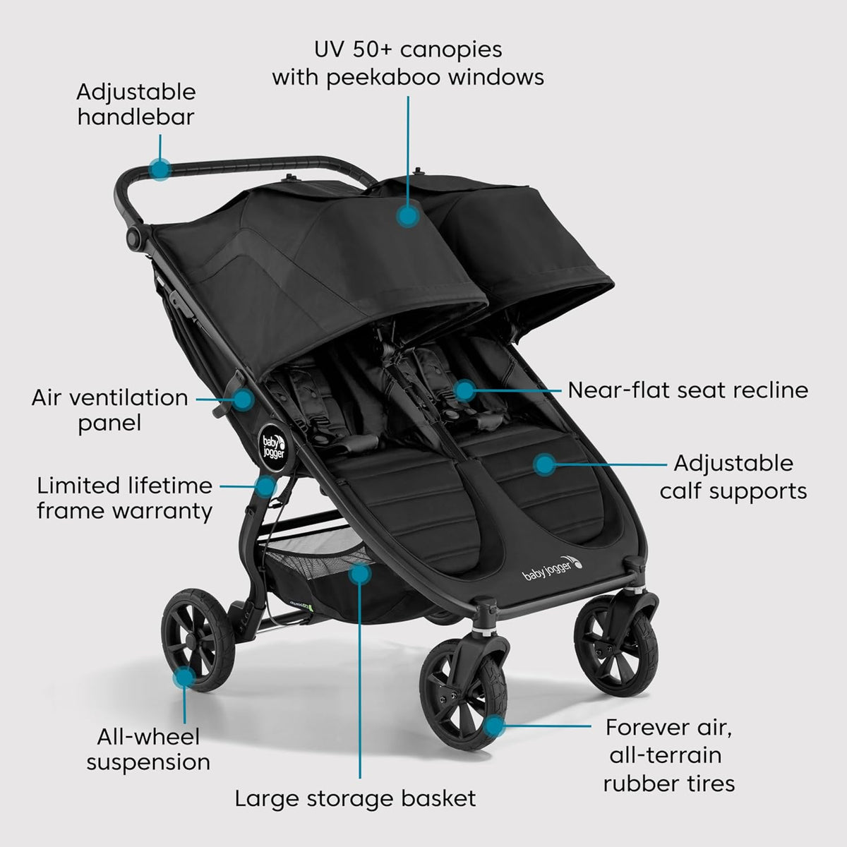 Baby Jogger City Mini GT2 – All‑Terrain Double Stroller (Jet Black)
