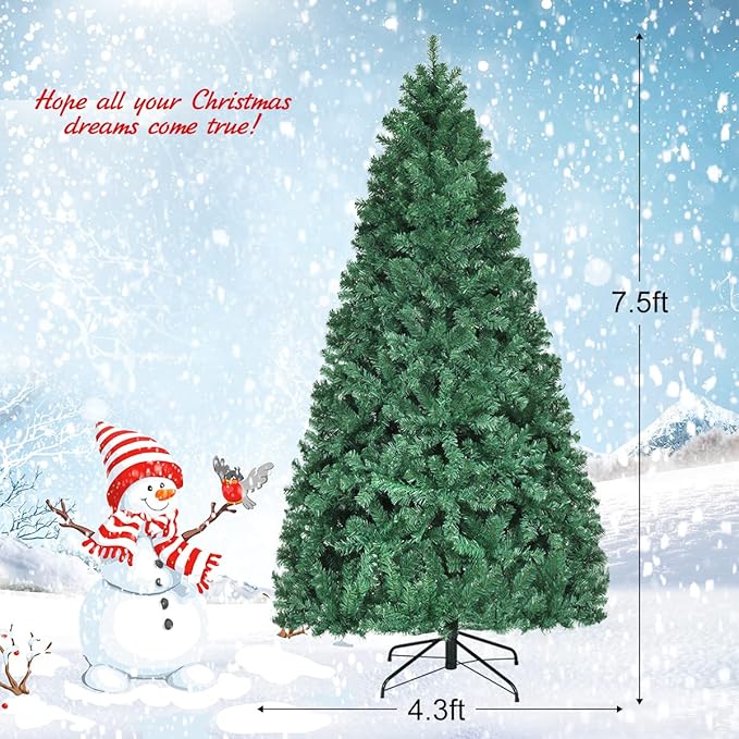 BestComfort 7.5FT Pre-Lit Christmas Tree, 400 LED Lights, 1346 PVC Branch Tips, Folding Metal Stand, Quick Setup, Hinged Xmas Artificial Tree for Home Office Festival Celebration Decoration