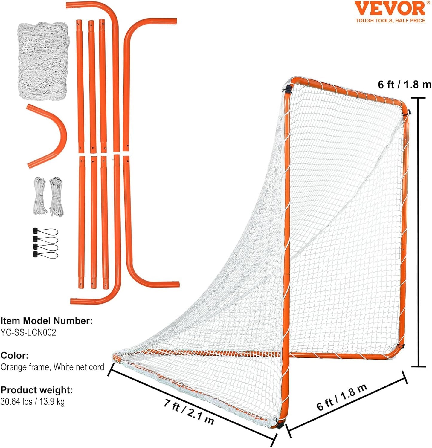 VEVOR Lacrosse Goal, 6' x 6' Modular Lacrosse Net, Steel Frame Backyard Lacrosse Training Equipment, Portable Lacrosse Goal with Carry Bag, Quick & Easy Setup, Perfect for Youth Adult Training, Orange