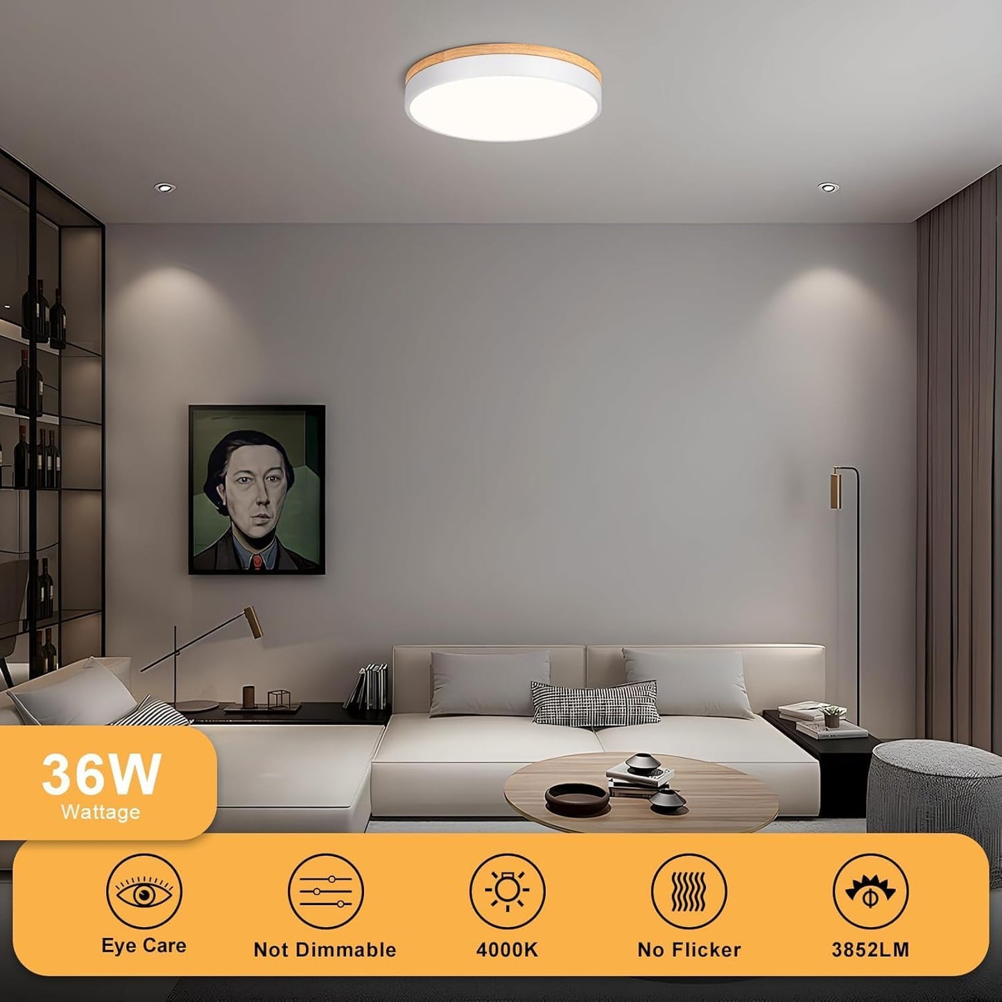 LED Ceiling Light, 40 cm White Wooden Ceiling Light