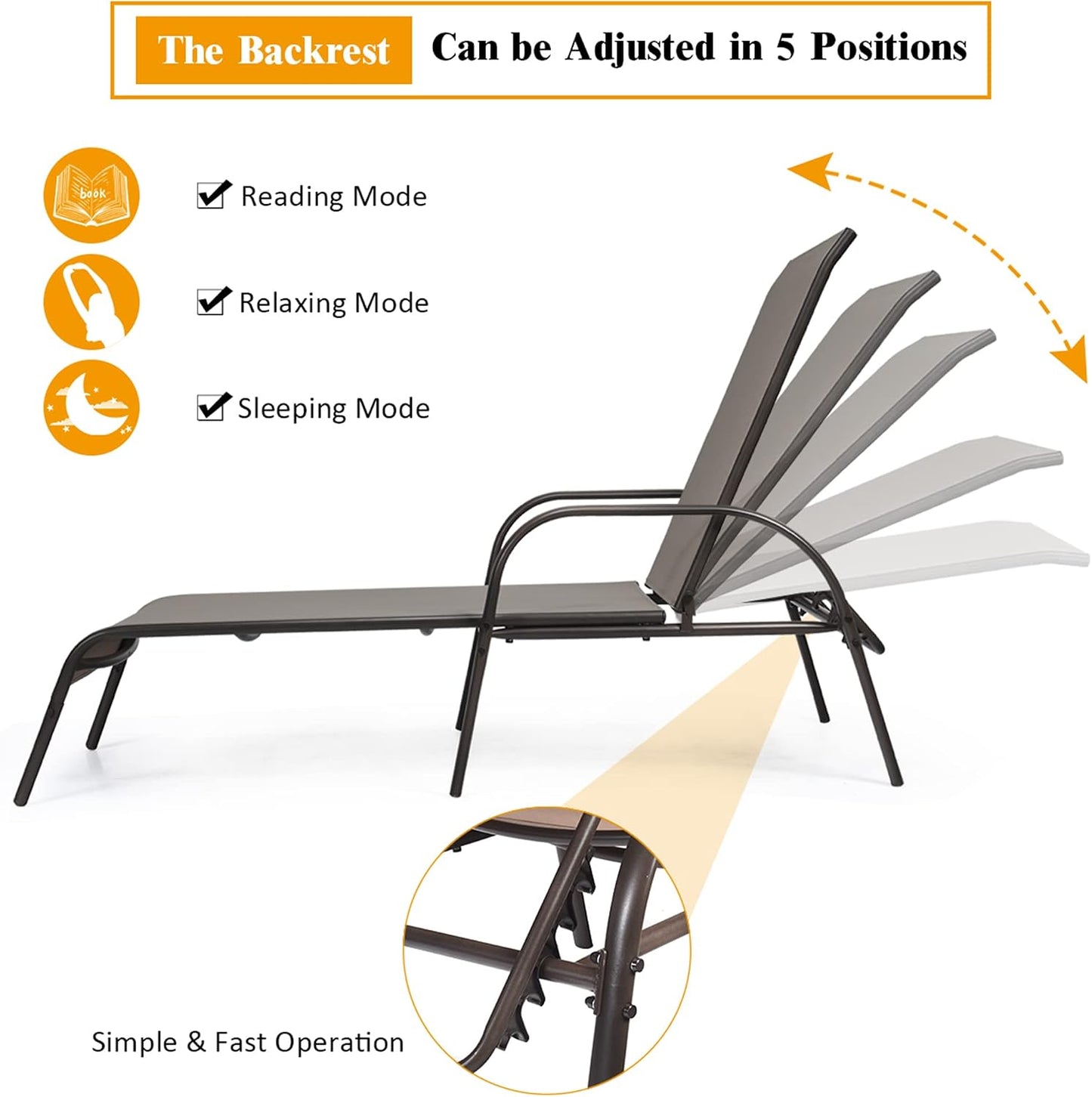 Outdoor Chaise Lounge Chair, All Weather Reclining Lounge Chair w/ 5 Adjustable Backrest Positions
