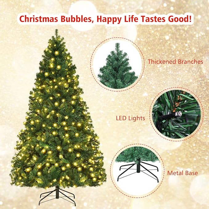 BestComfort 7.5FT Pre-Lit Christmas Tree, 400 LED Lights, 1346 PVC Branch Tips, Folding Metal Stand, Quick Setup, Hinged Xmas Artificial Tree for Home Office Festival Celebration Decoration