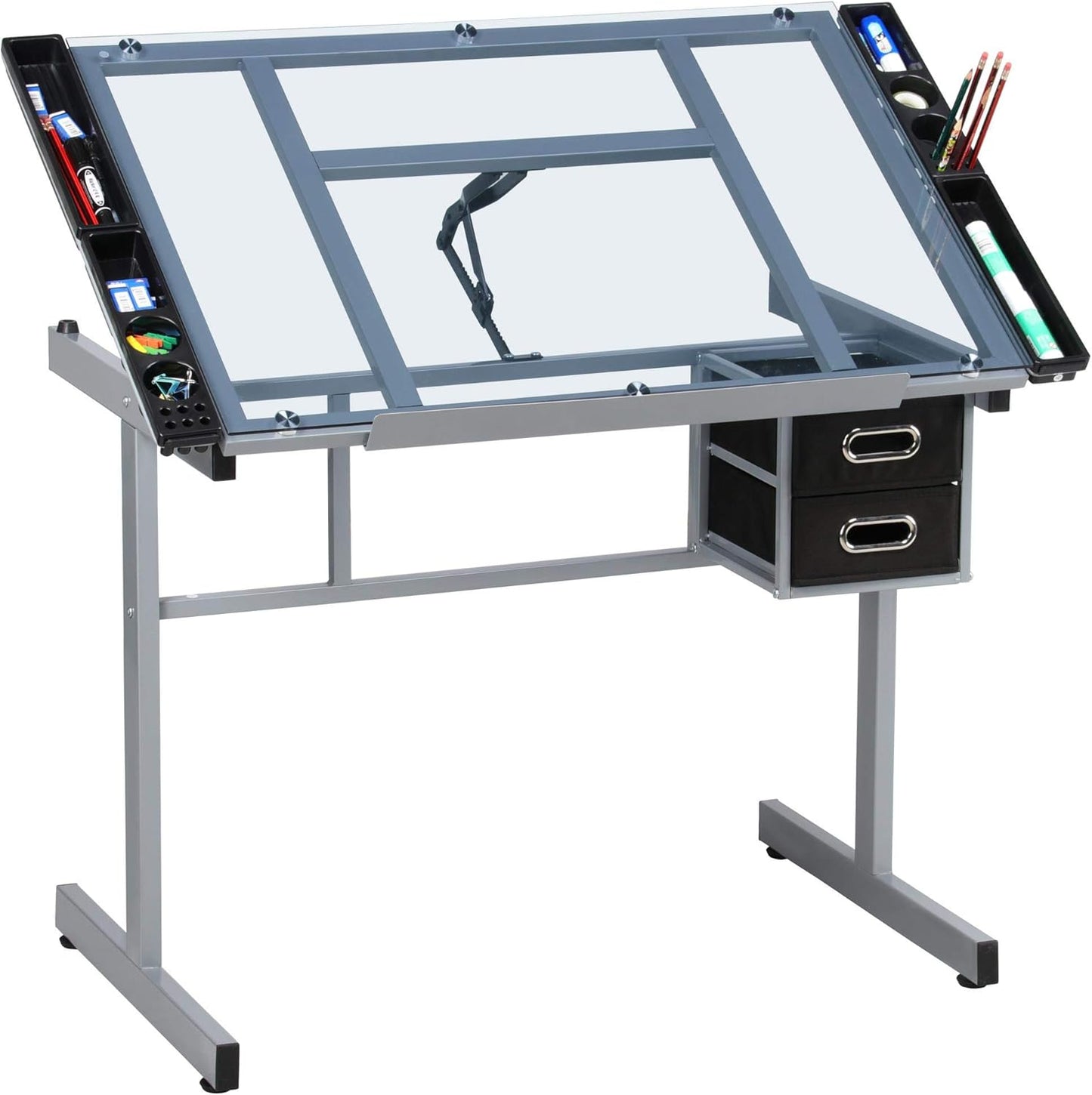 Adjustable Glass Drafting Table / Drawing Desk – Art & Craft Station w/ Wheels + Drawers