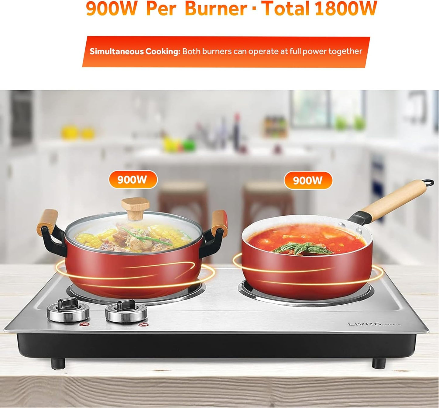 LIVINGbasics 1800W Double Hot Plate, Portable Electric Cooktop with Cast Iron Burners,Stainless Steel Countertop Burner, Dual 900W Heating, Compatible with All Cookware, Adjustable Temperature Control