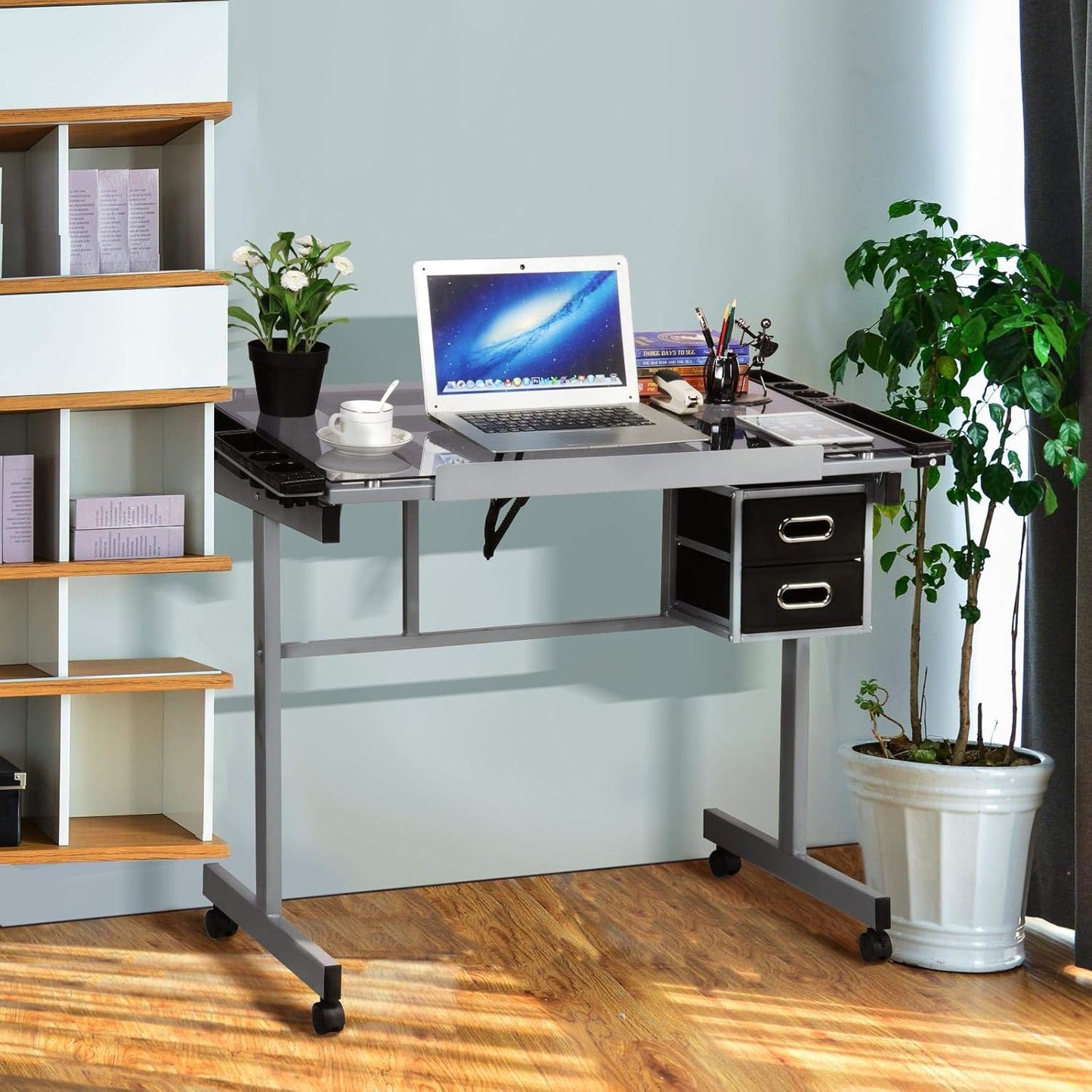 Adjustable Glass Drafting Table / Drawing Desk – Art & Craft Station w/ Wheels + Drawers