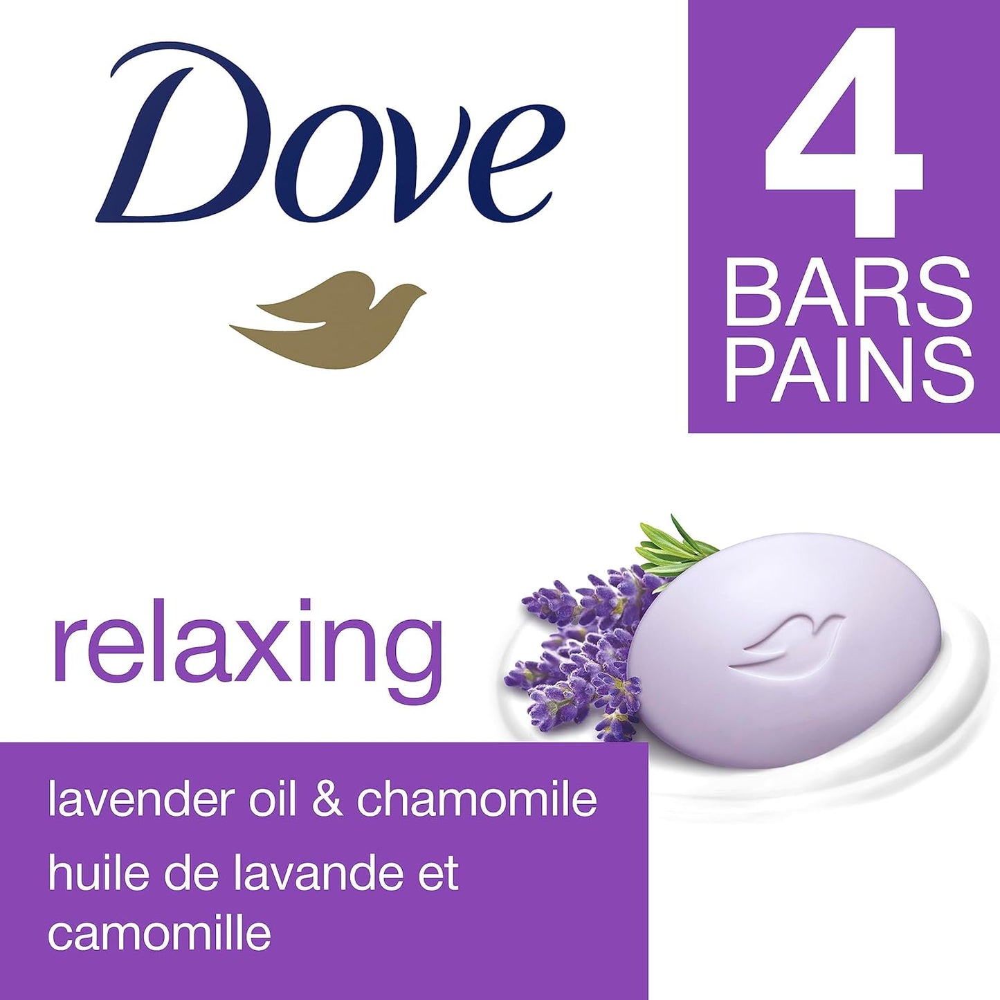 Dove Beauty Bar Soap with 1/4 Moisturizing Cream, Gentle Skin Cleanser, Relaxing Lavender Oil & Chamomile, 106 g, Pack of 4