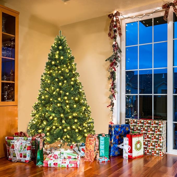 BestComfort 7.5FT Pre-Lit Christmas Tree, 400 LED Lights, 1346 PVC Branch Tips, Folding Metal Stand, Quick Setup, Hinged Xmas Artificial Tree for Home Office Festival Celebration Decoration