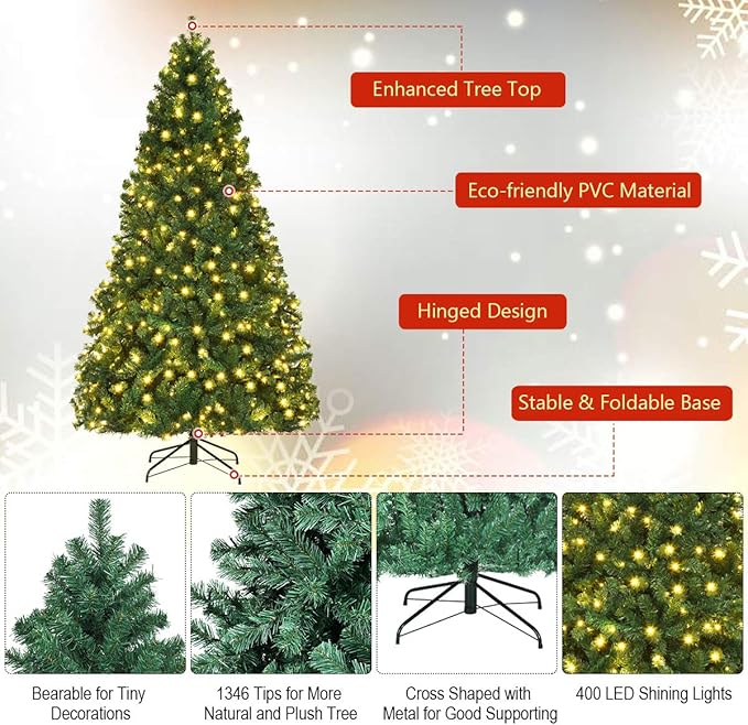 BestComfort 7.5FT Pre-Lit Christmas Tree, 400 LED Lights, 1346 PVC Branch Tips, Folding Metal Stand, Quick Setup, Hinged Xmas Artificial Tree for Home Office Festival Celebration Decoration