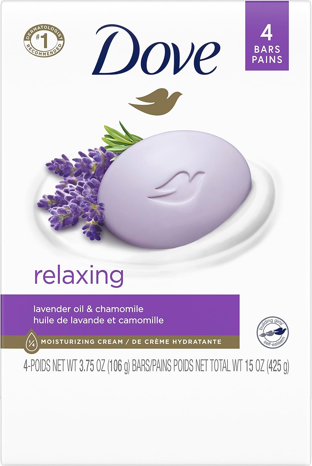 Dove Beauty Bar Soap with 1/4 Moisturizing Cream, Gentle Skin Cleanser, Relaxing Lavender Oil & Chamomile, 106 g, Pack of 4